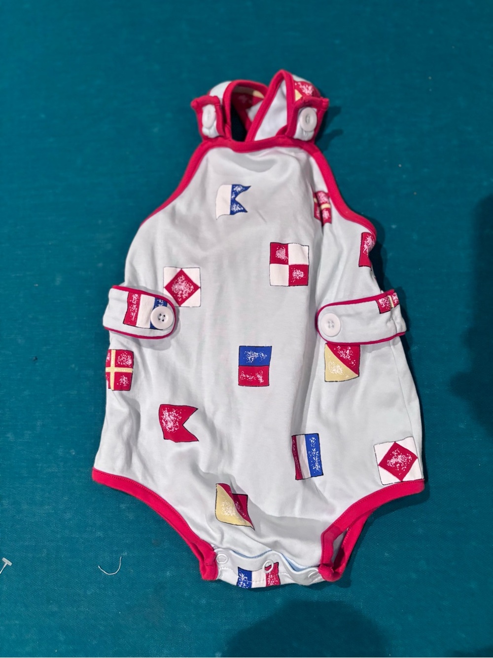 TBBC White Baby Romper with Red Trim and Nautical Flags